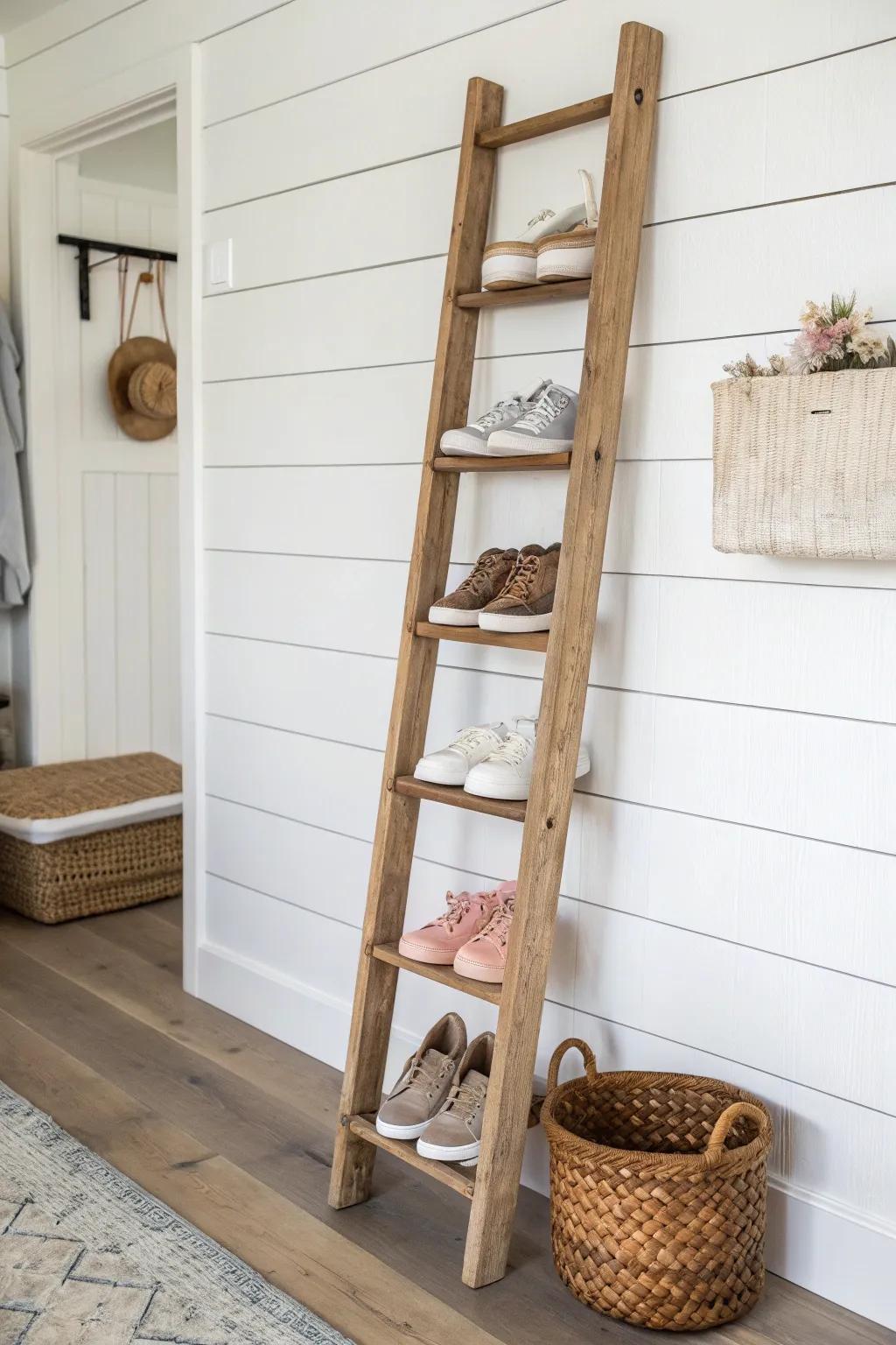 Rustic reclaimed ladder shoe rack—wall-friendly storage with a sleek drip tray beneath.