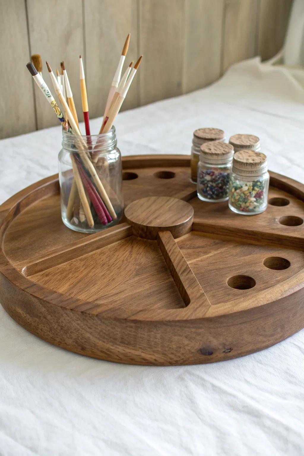 Scandi-inspired wooden lazy Susan with jar spots—spins brushes & pencils into easy reach.