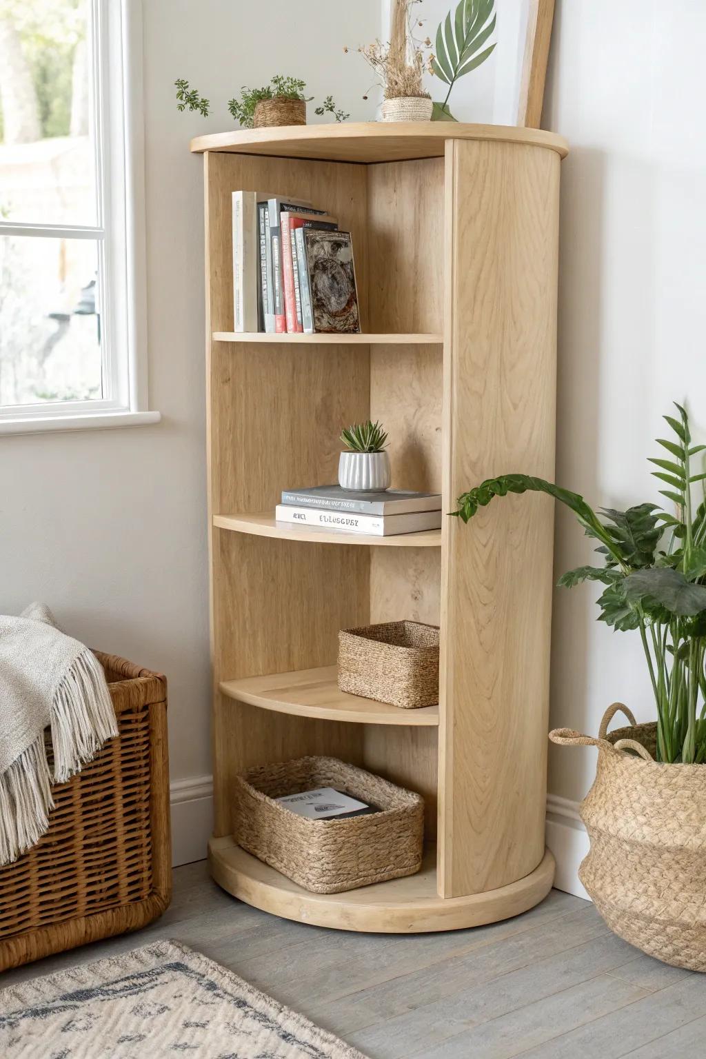 A wraparound corner library with a smooth curved shelf—minimal, warm, and beautifully custom.