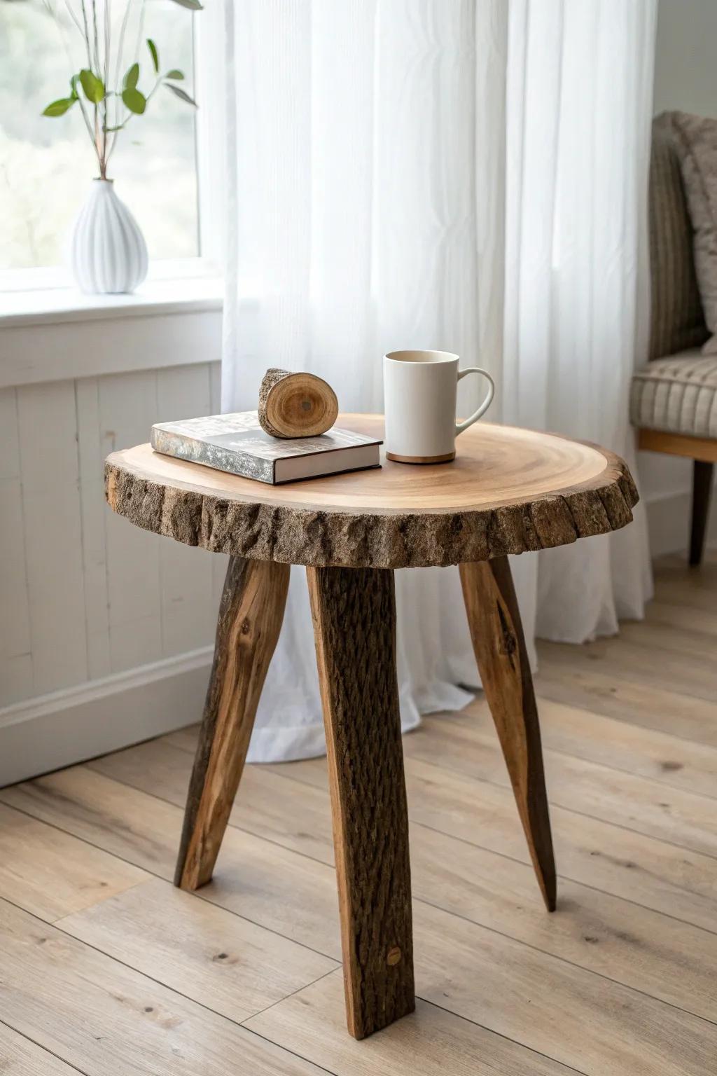 A live edge end table with a hand-carved cup dip—simple, sculptural, and coffee-ready.