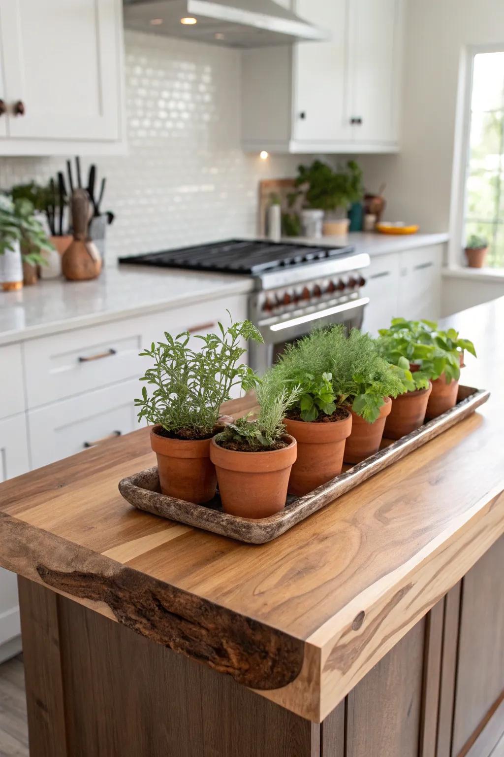 A live edge island with a built-in herb trough—warm wood grain meets fresh, lively greens.