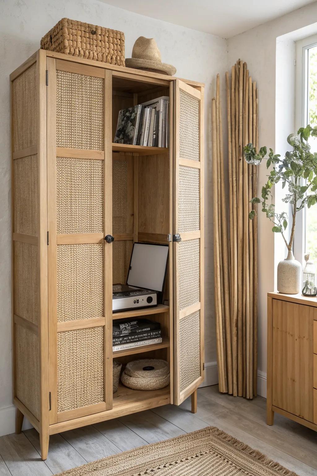 Light oak armoire with tidy vinyl dividers and a pull-out turntable shelf for easy listening.