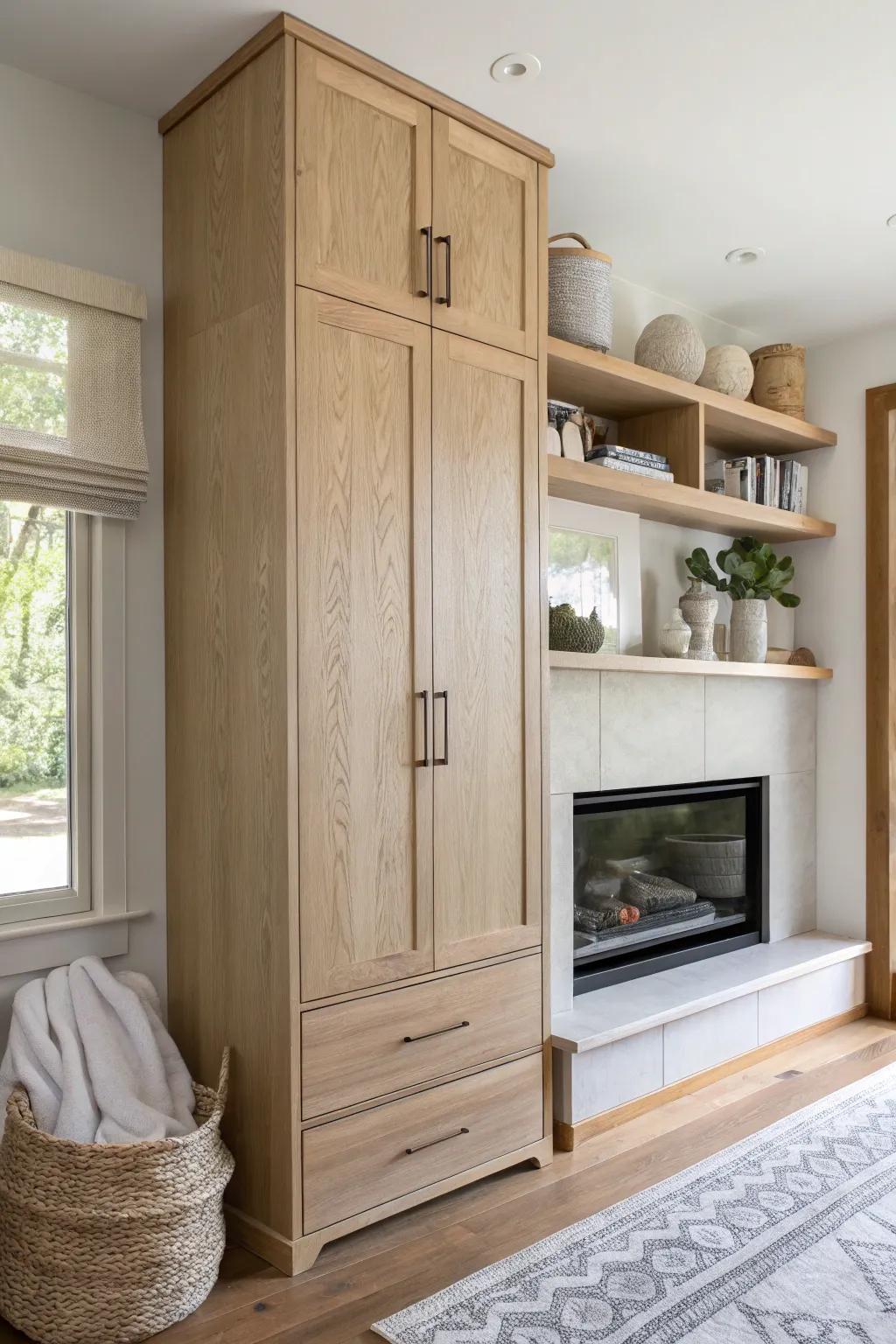 Fireplace-flanking closet tower: light oak doors below, airy open shelves above.