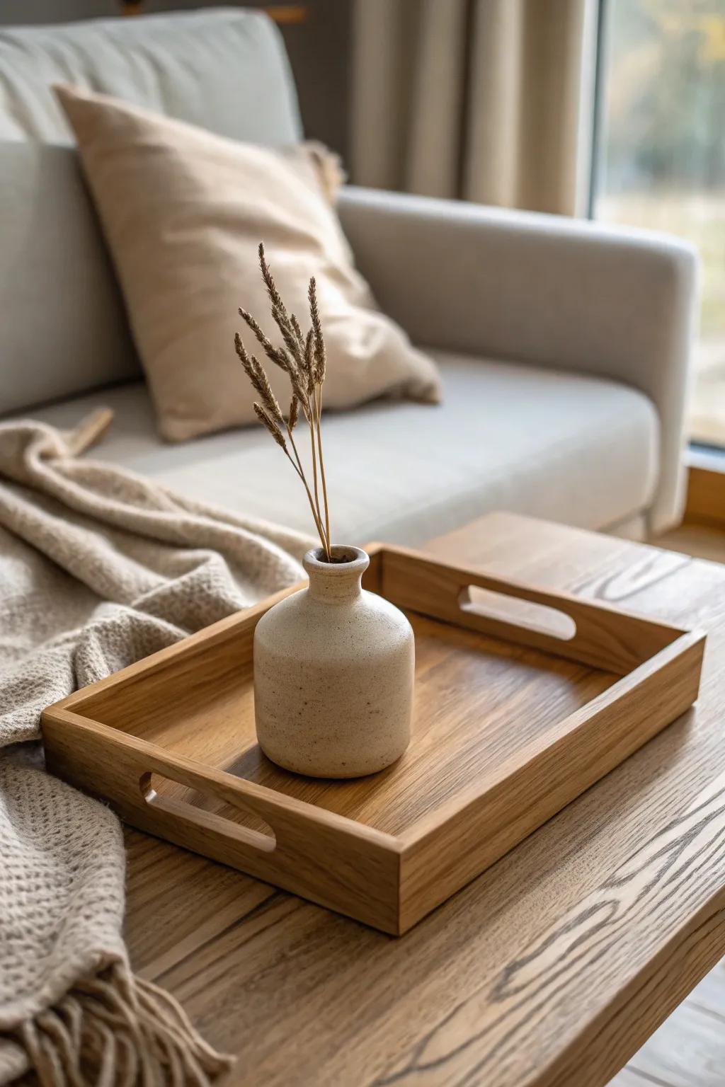 Neutral sofa table, one oak tray: swap a single seasonal stem and you’re instantly refreshed.