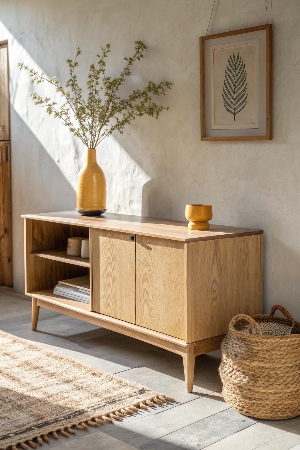 Pale oak meets ochre: a sunny mustard accent that warms a calm, cream living room.