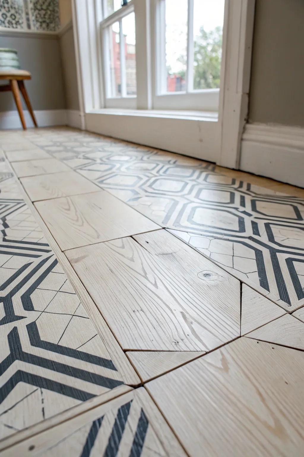 Budget loft upgrade: painted plywood + a crisp stencil pattern for tile vibes—durable and chic.