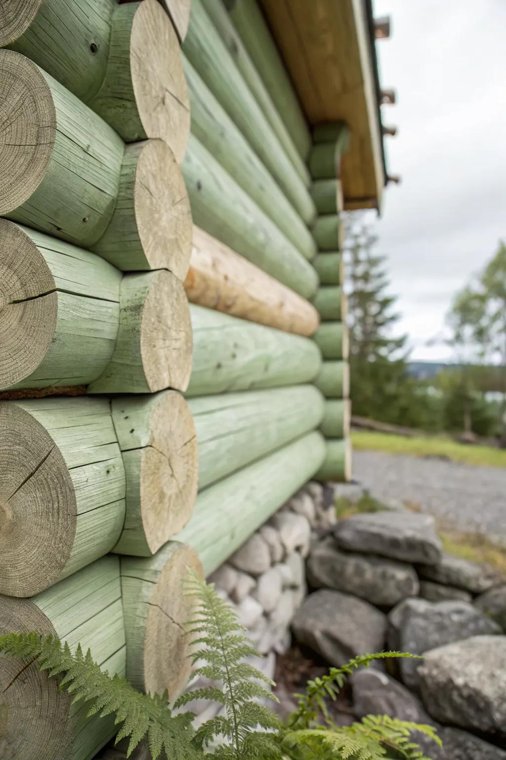 Sage green wash lets the log grain glow—soft, cottage calm with a modern Nordic feel.