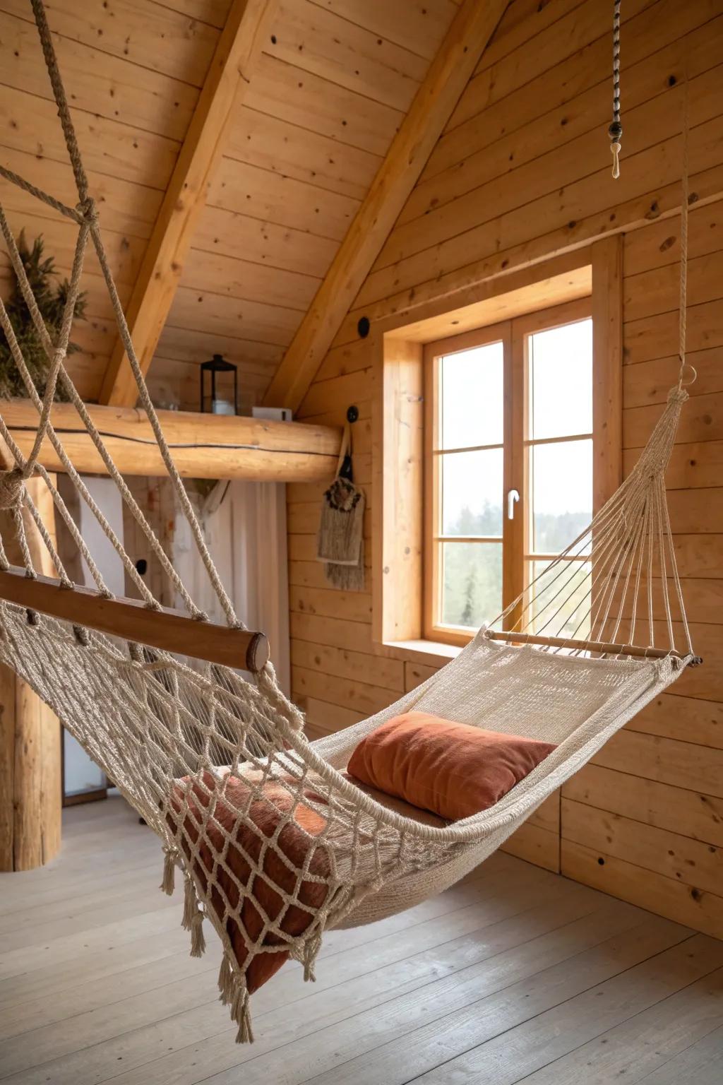 A floating cargo-net lounge that turns a loft edge into the coziest chill zone.