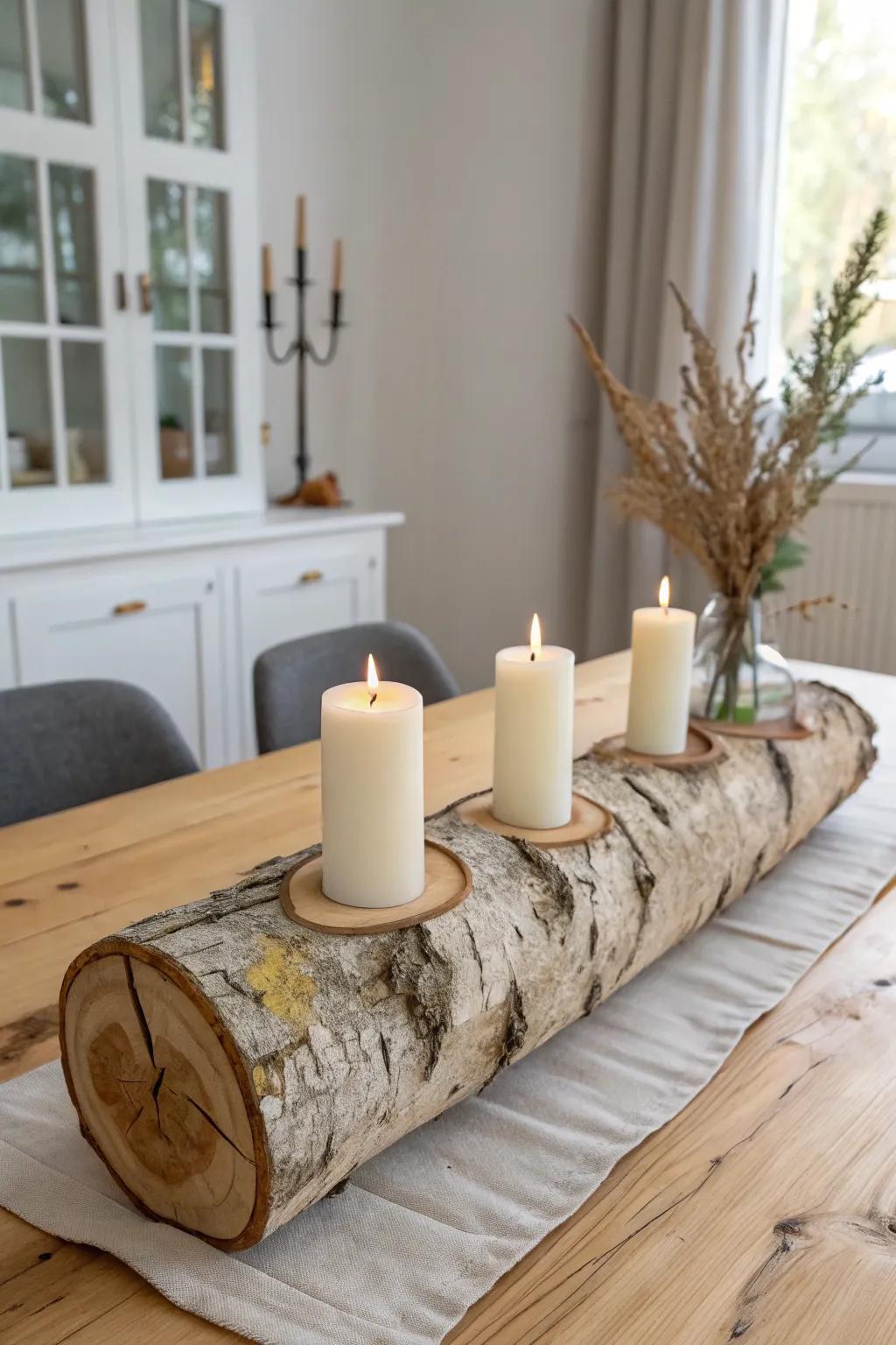 Clear resin turns natural cracks into a glossy spotlight—add candle cups for a luxe log centerpiece.