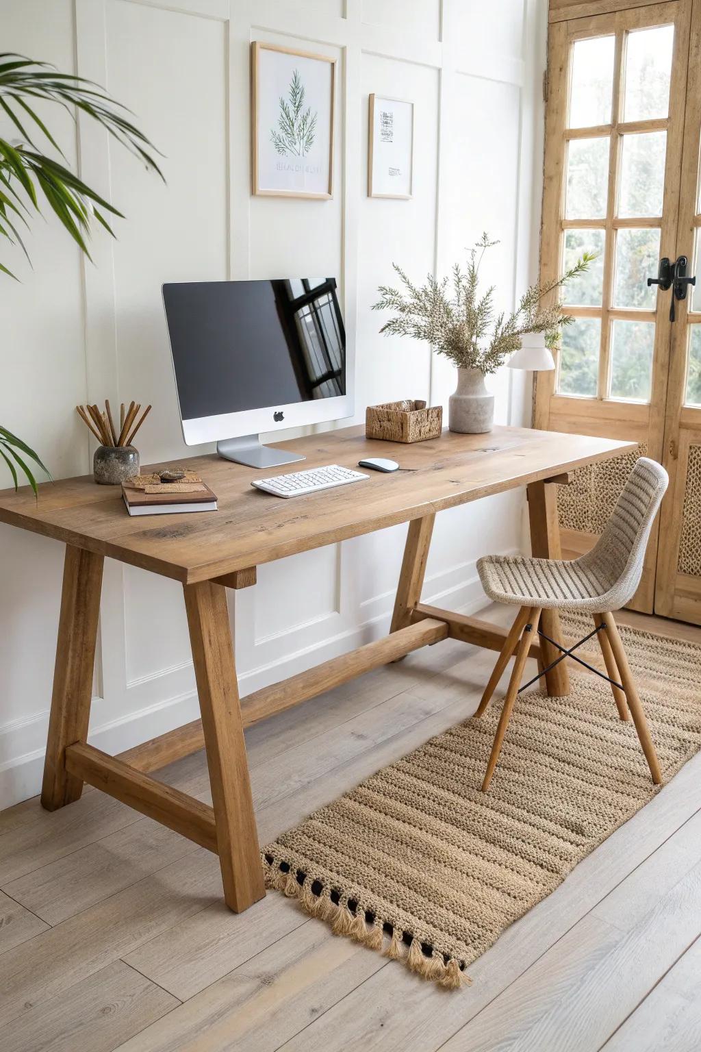 A reclaimed wood door becomes a serene long desk—minimal, warm, and perfectly smooth to work on.