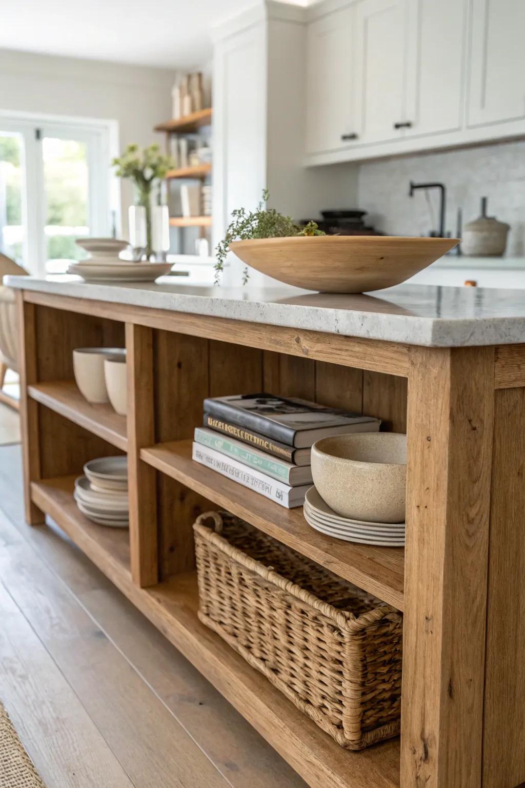 Open end shelves on a long island—reclaimed wood, baskets, and bowls for cozy storage.