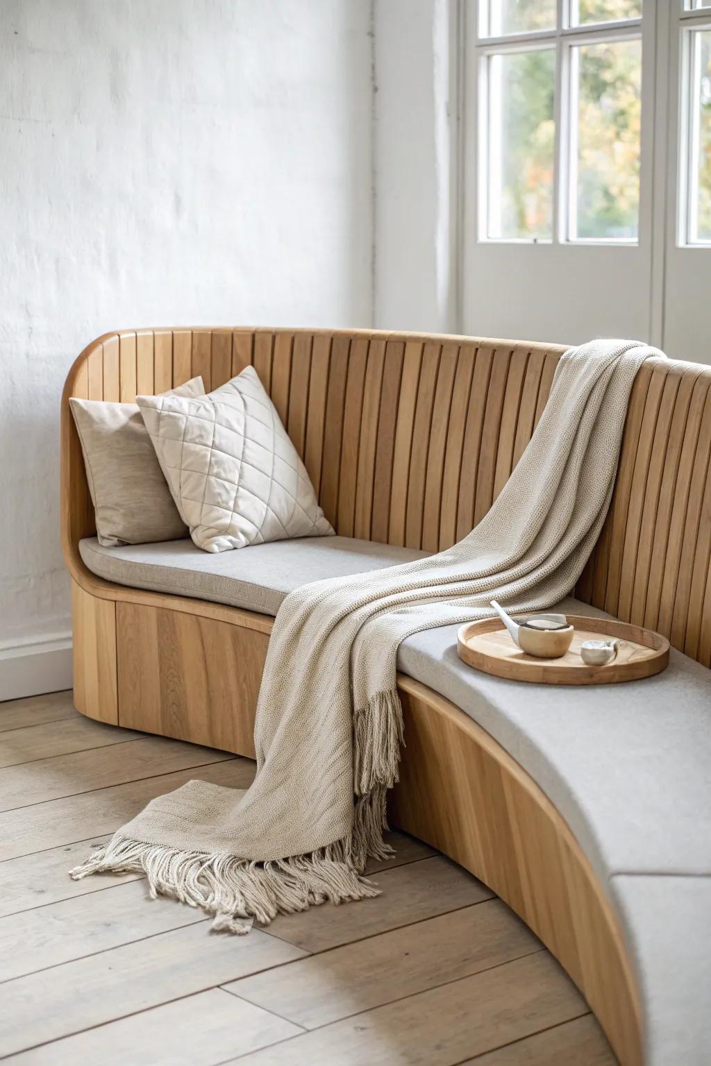 Curved plywood banquette magic—minimal, cozy, and made for long, easy conversations.