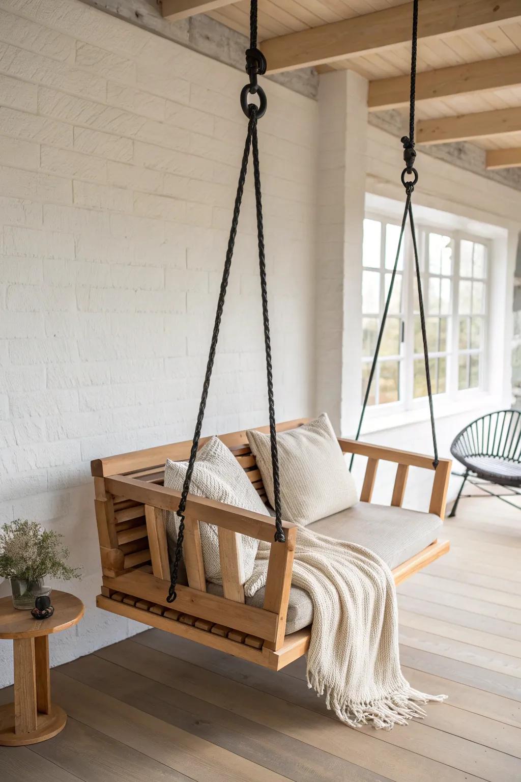 Dreamy indoor swing loveseat with chunky oak spreader bar—minimal, sturdy, cozy moment.