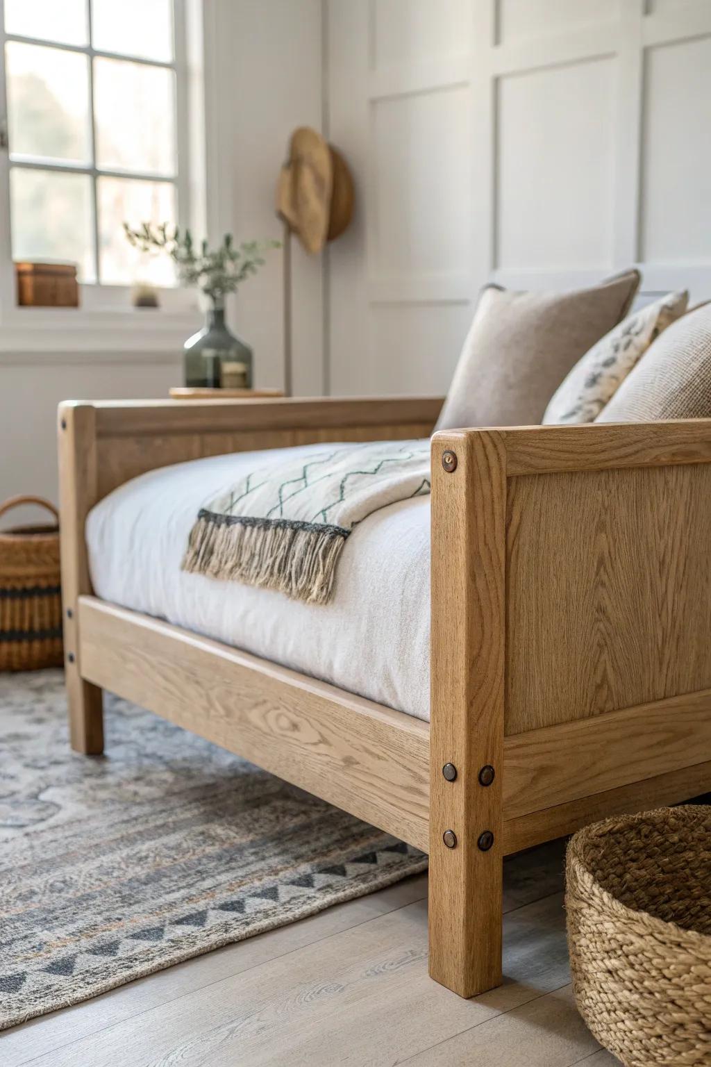 A loveseat on locking casters at the bed’s foot—beautifully handmade and easy to roll for cleaning.