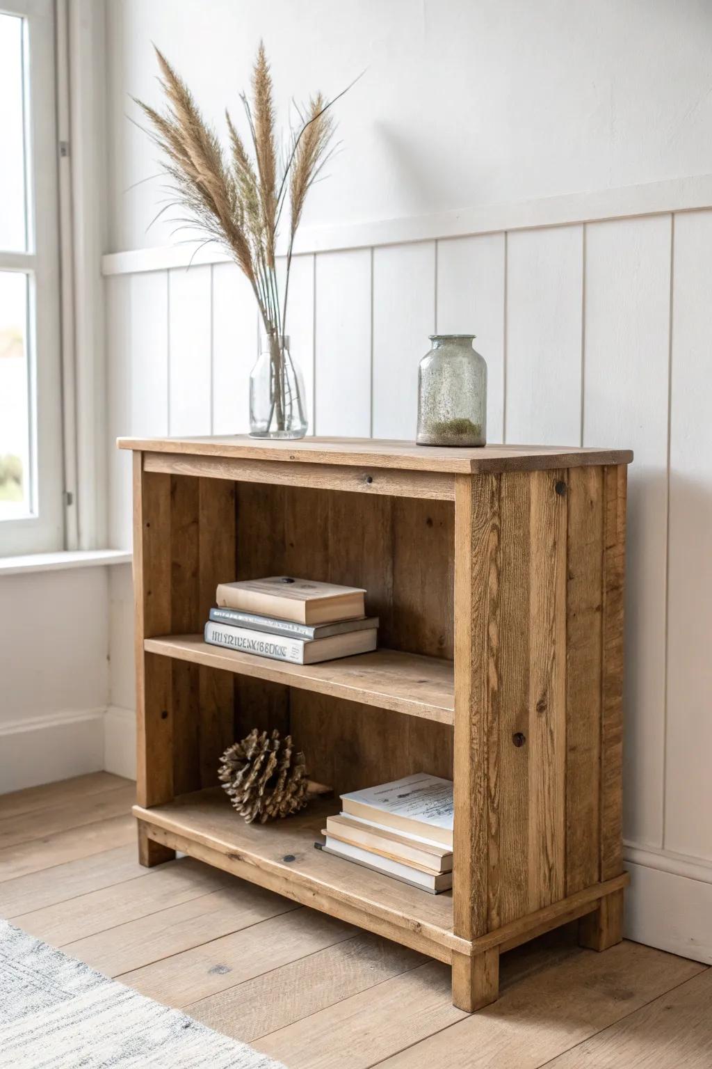 Warm reclaimed wood low bookcase—knots, nail holes, and all—for effortless rustic charm.