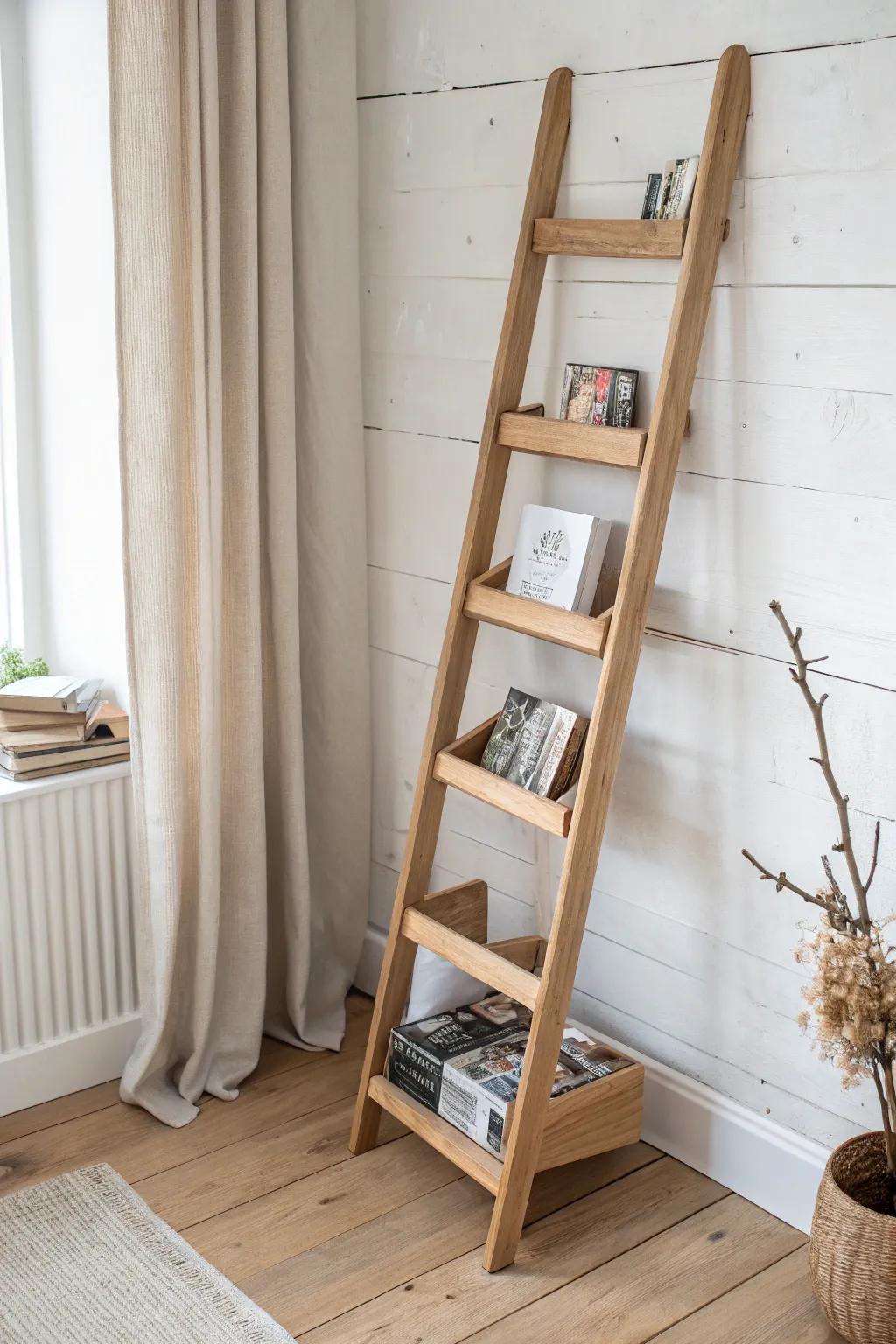 Ladder-style magazine tower: vertical, minimal storage with warm oak grain and airy contrast.