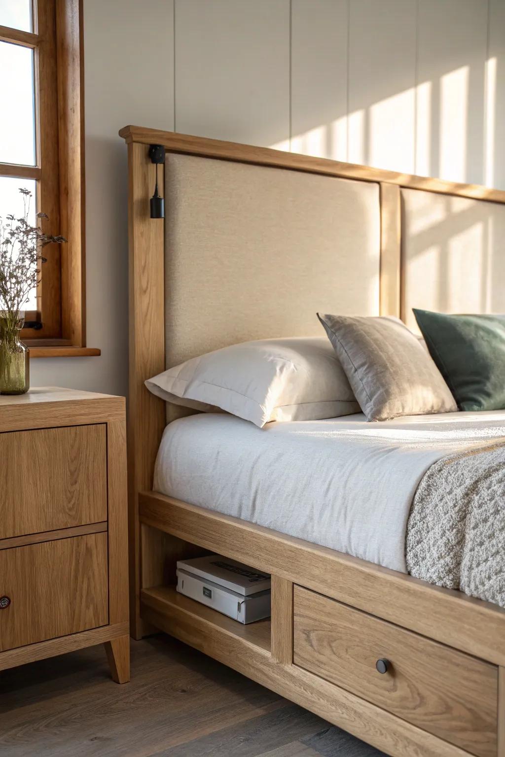 A sleek oak headboard with a hidden magnetic stash door—minimal, warm, and seriously clever.