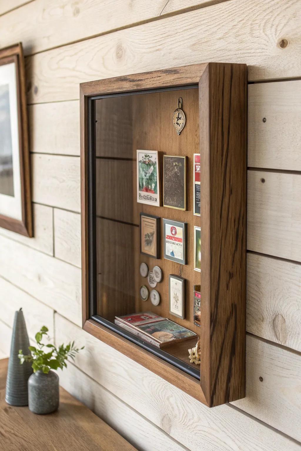 Walnut shadow box with dark felt backing—turn small collectibles into museum-worthy man cave decor.