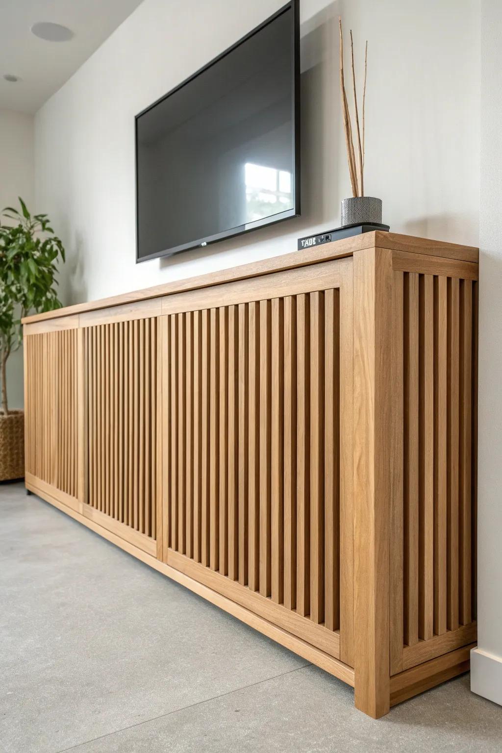 Bold oak louver surround with magnetic panels—clean lines, airflow, and crafted contrast.