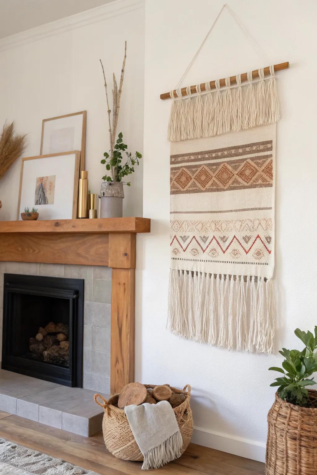 Oversized woven textile above the mantel—soft, cozy texture on a simple handmade wood dowel.