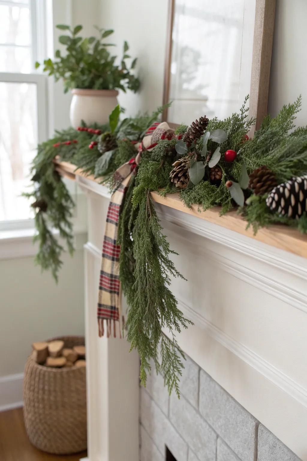 Plaid fabric ties add cozy cabin charm to a minimalist mantle garland—simple, soft, and warm.