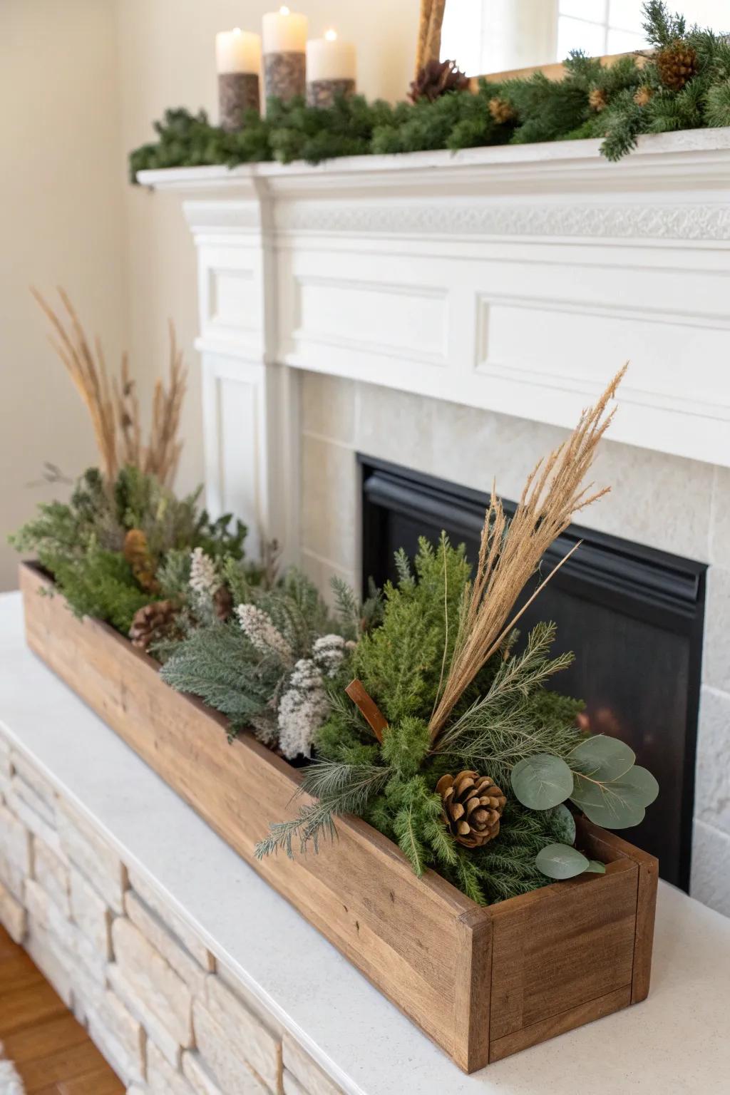 A handcrafted wood trough filled with fresh clippings for an effortless, forest-inspired mantel.