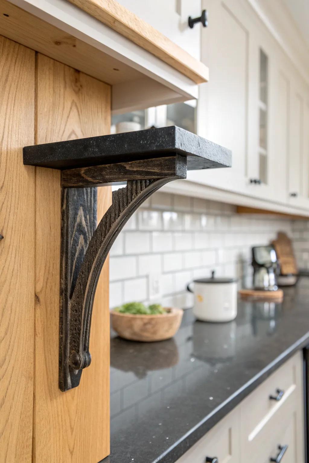 Charred wood trim mirrors black counters while letting warm maple cabinetry shine.
