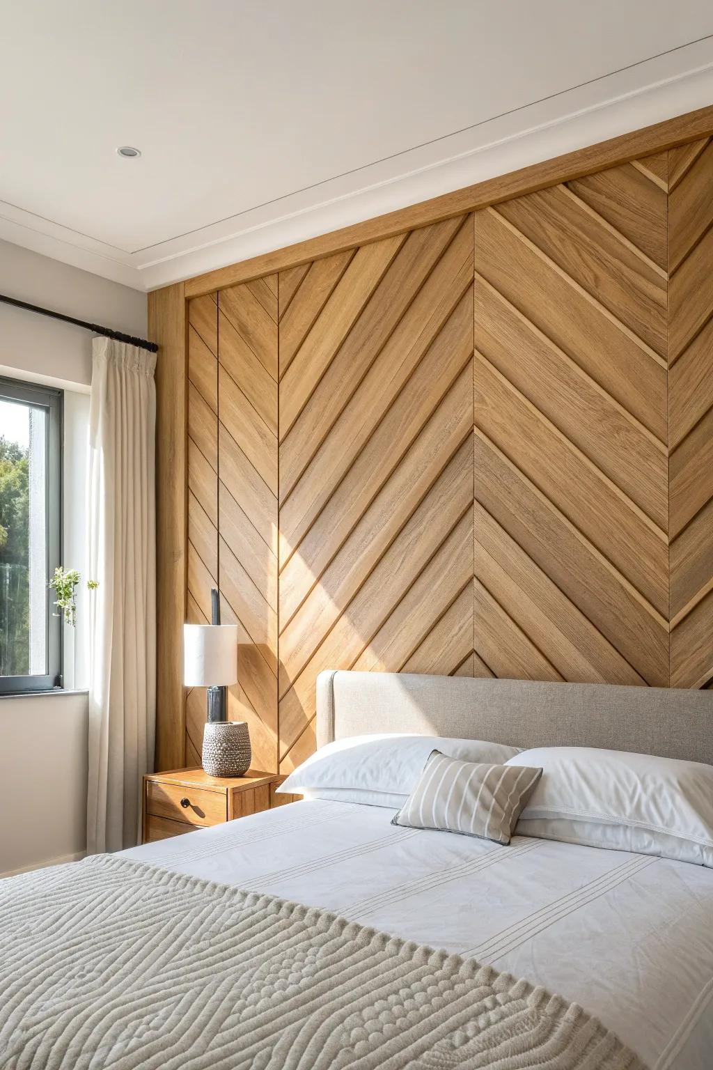 Warm oak chevron molding turns a simple bed wall into a crisp, crafted statement.