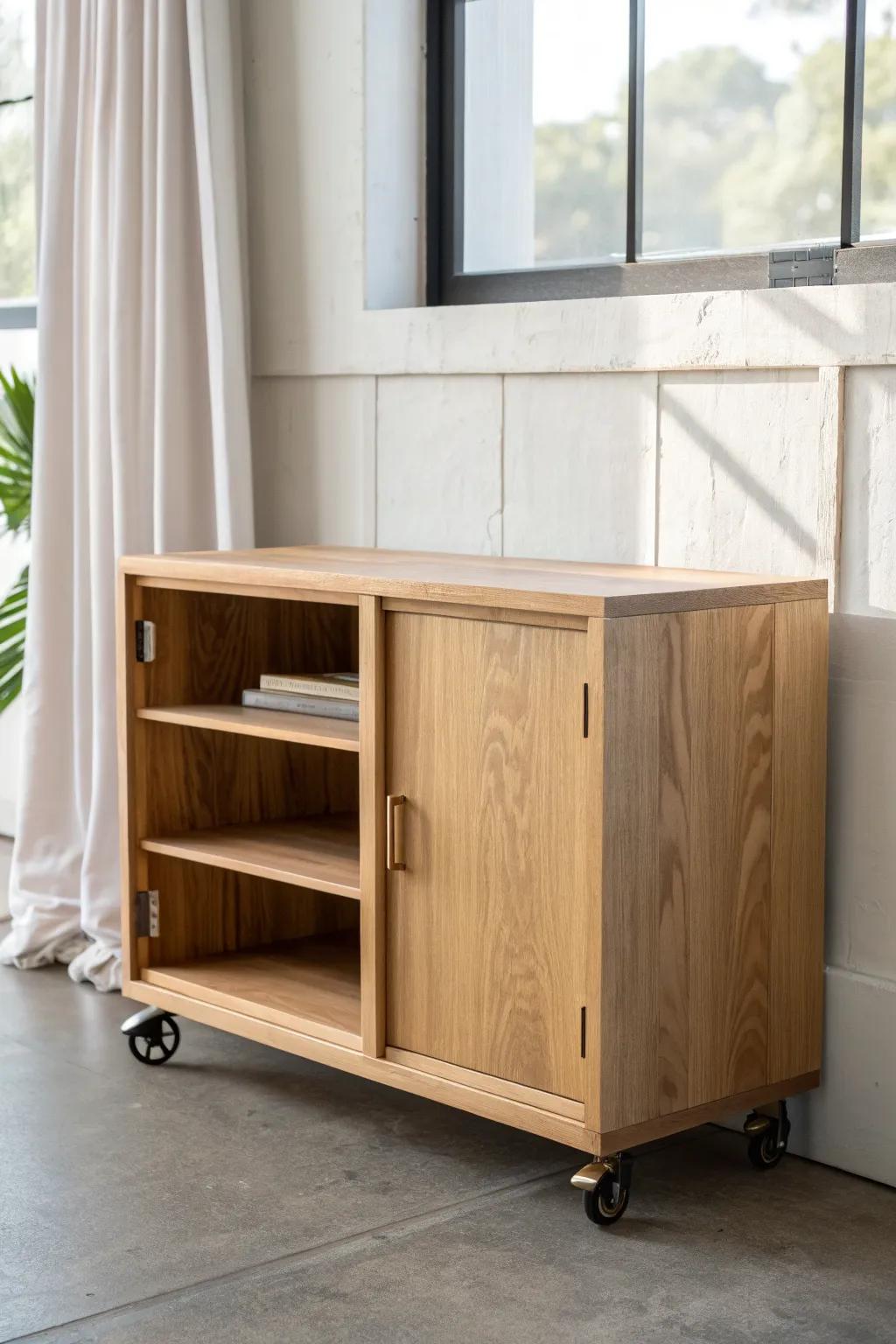 A chunky oak media cabinet on locking casters—easy to move, steady to park, beautifully minimal.