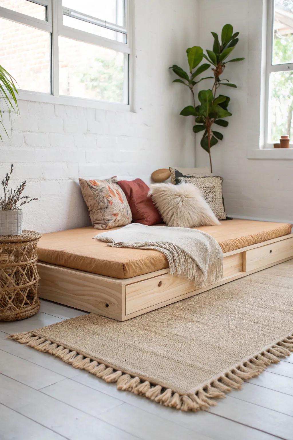 Cozy plywood floor lounge platform with thick cushions—minimal, warm, and movie-night ready.