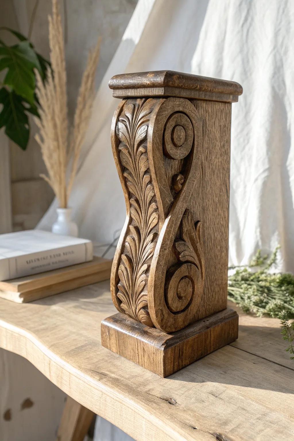 Dark-stained carved oak corbel—old-castle charm in a clean Scandinavian, boho-tinged look.