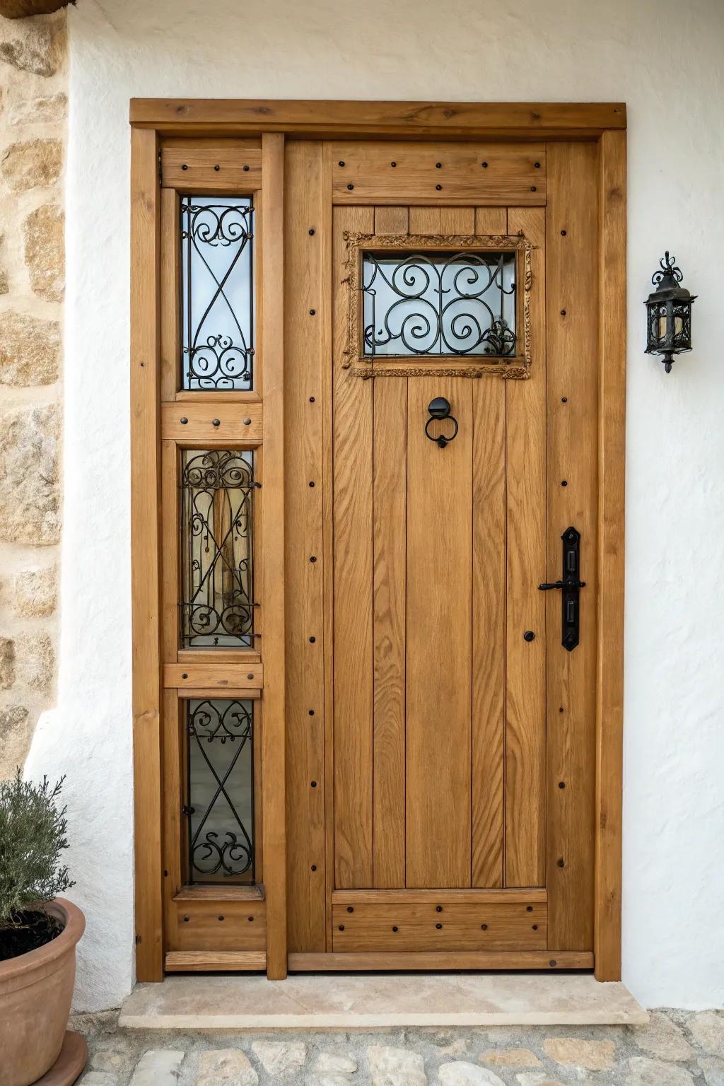 Romantic iron scrollwork over tiny glass panels—soft light, strong presence, Mediterranean charm.