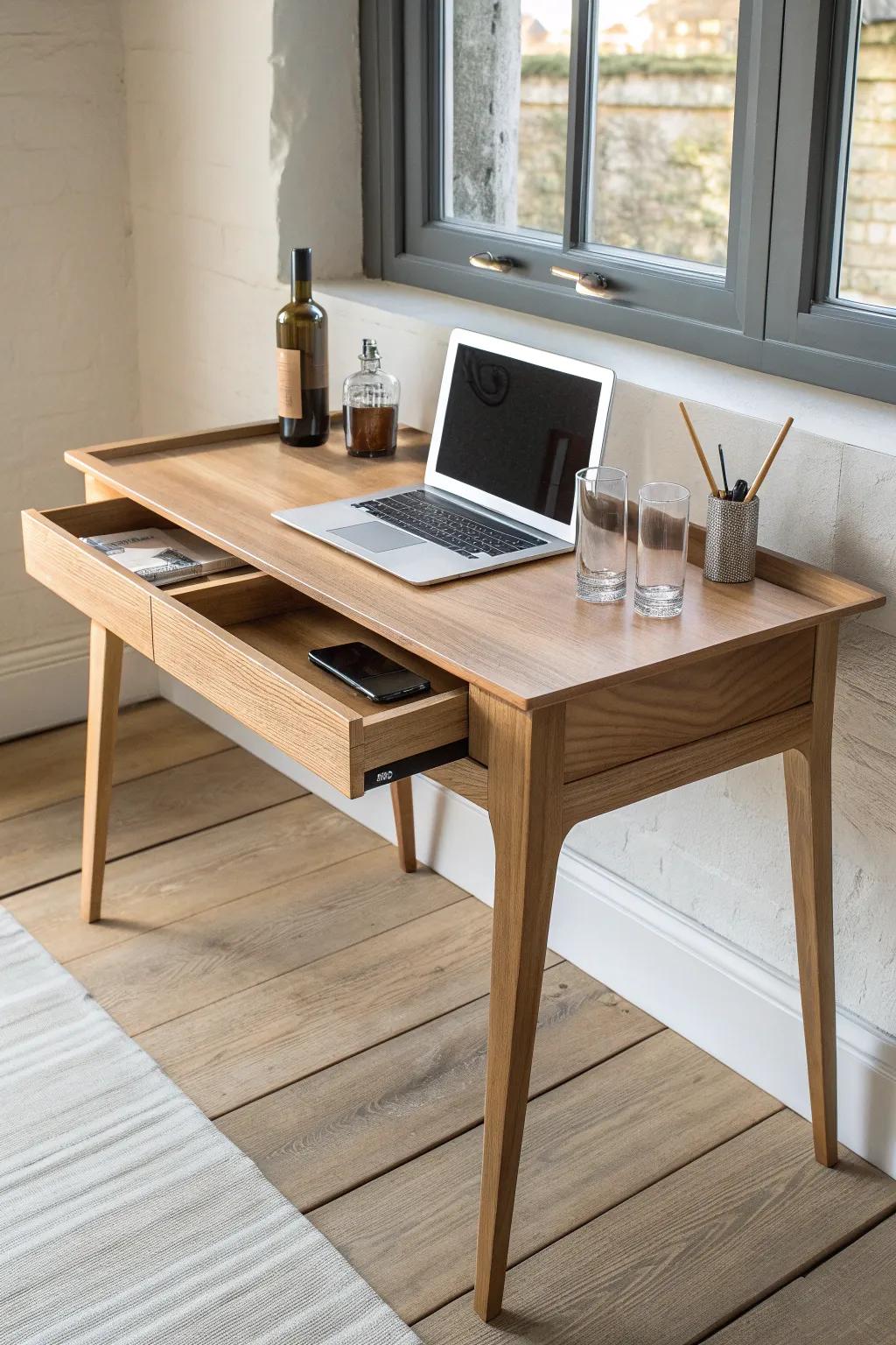 Clean oak desk with a concealed pull-out drink tray—minimal style, crafted for end-of-day rituals.