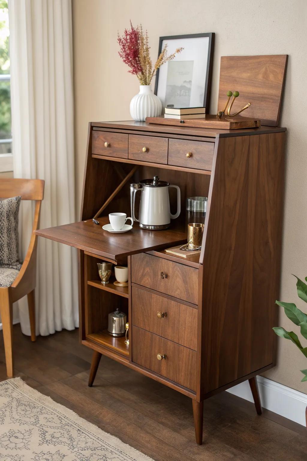 Flip down, prep, and brew—mid-century walnut coffee bar with a hidden drop-down station.