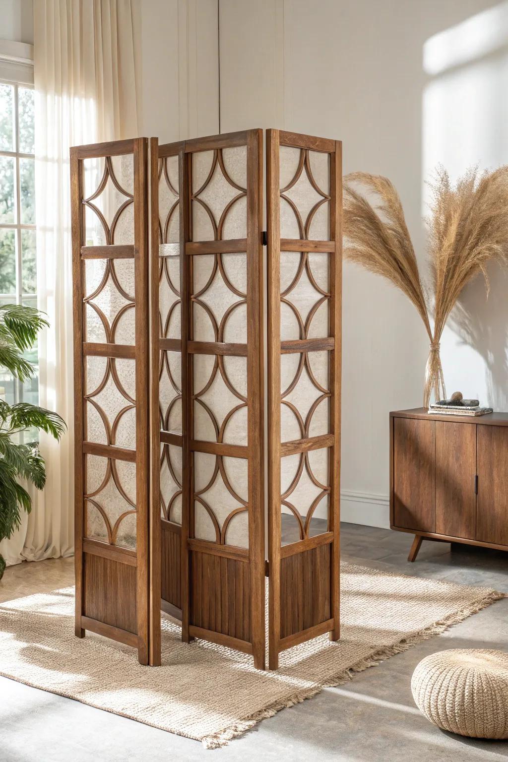 Sculptural walnut room divider with geometric cutouts—mid-century wow without blocking light.