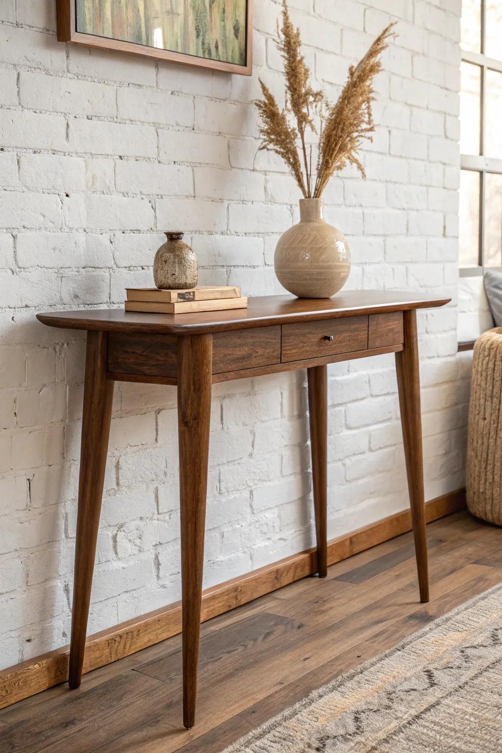 Walnut mid-century console against painted brick—soft texture meets warm minimalist charm.