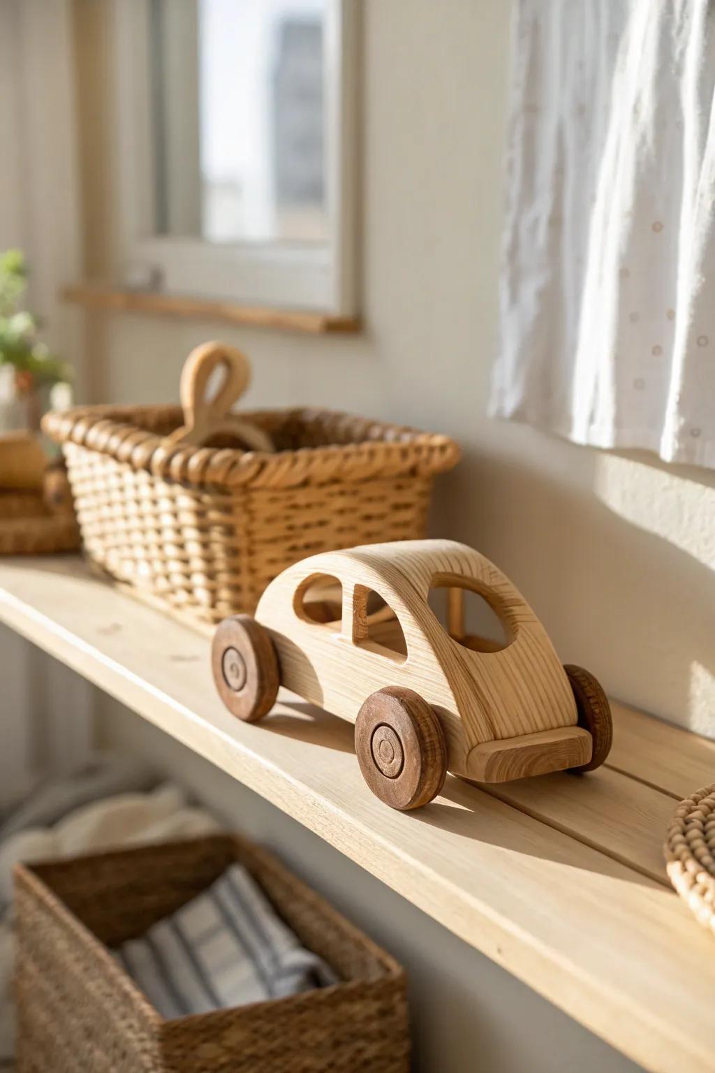 A simple wooden toy car doubles as sweet mid-century nursery decor on an oak shelf.