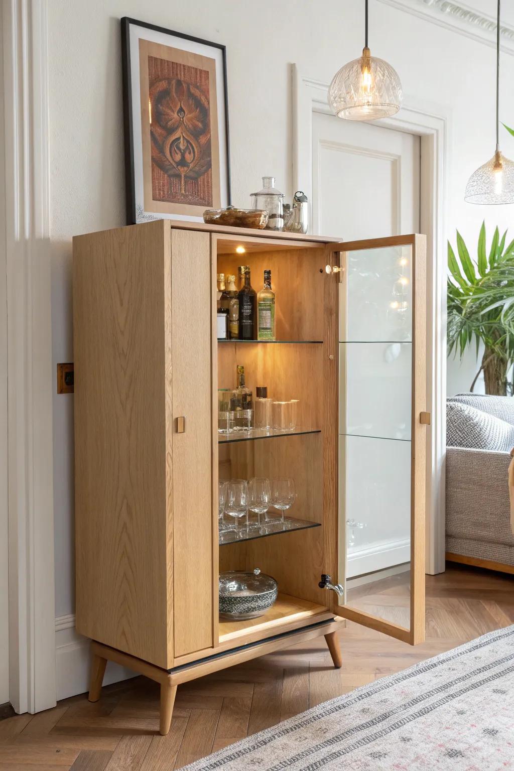 Mirror-back mini bar cabinet + warm LEDs: a tiny setup that looks twice as deep.