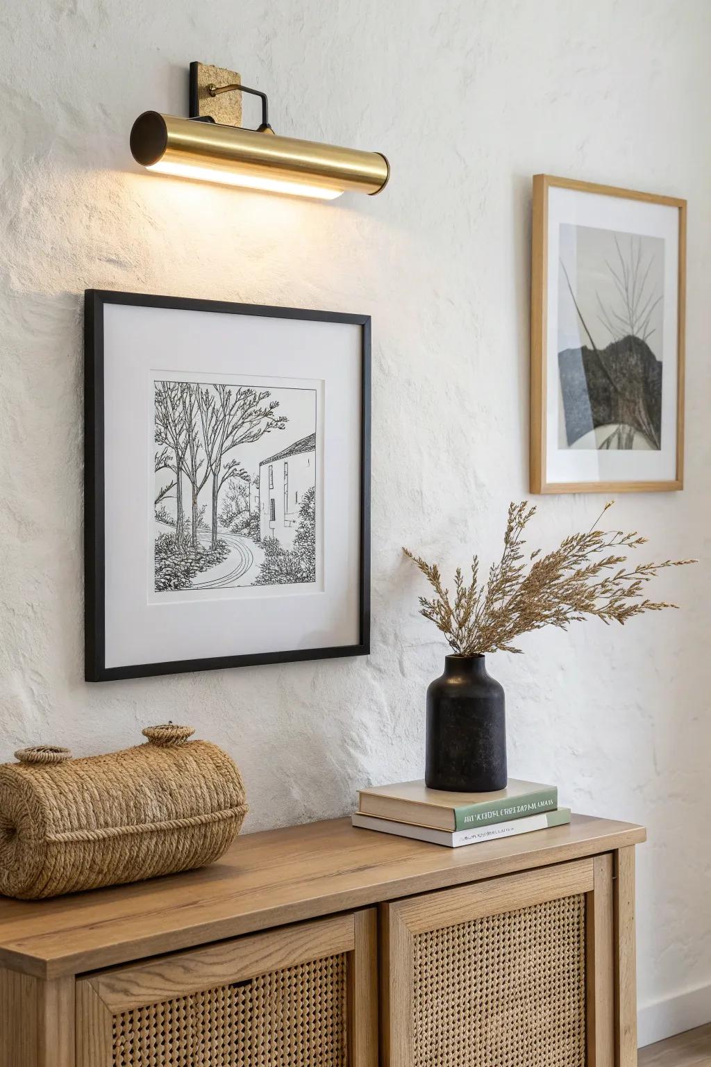 One picture light makes a simple print feel gallery-worthy—keep the console bare for quiet drama.