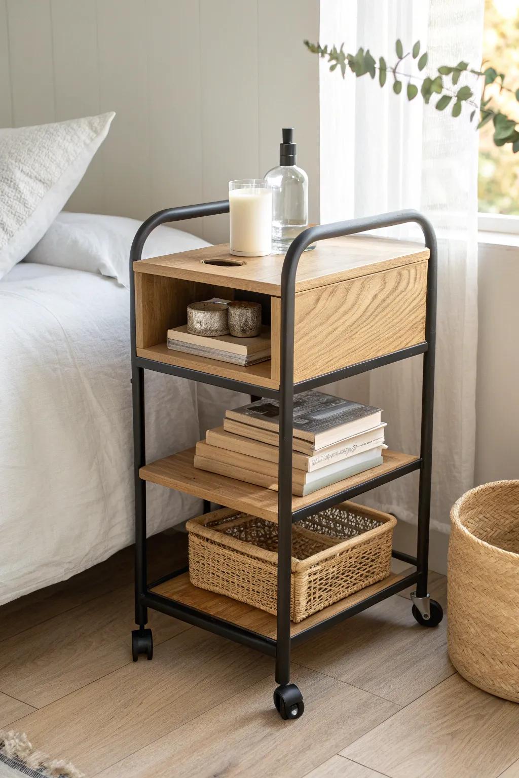 A slim rolling wood cart adds flexible, mismatched nightstand style with effortless storage.