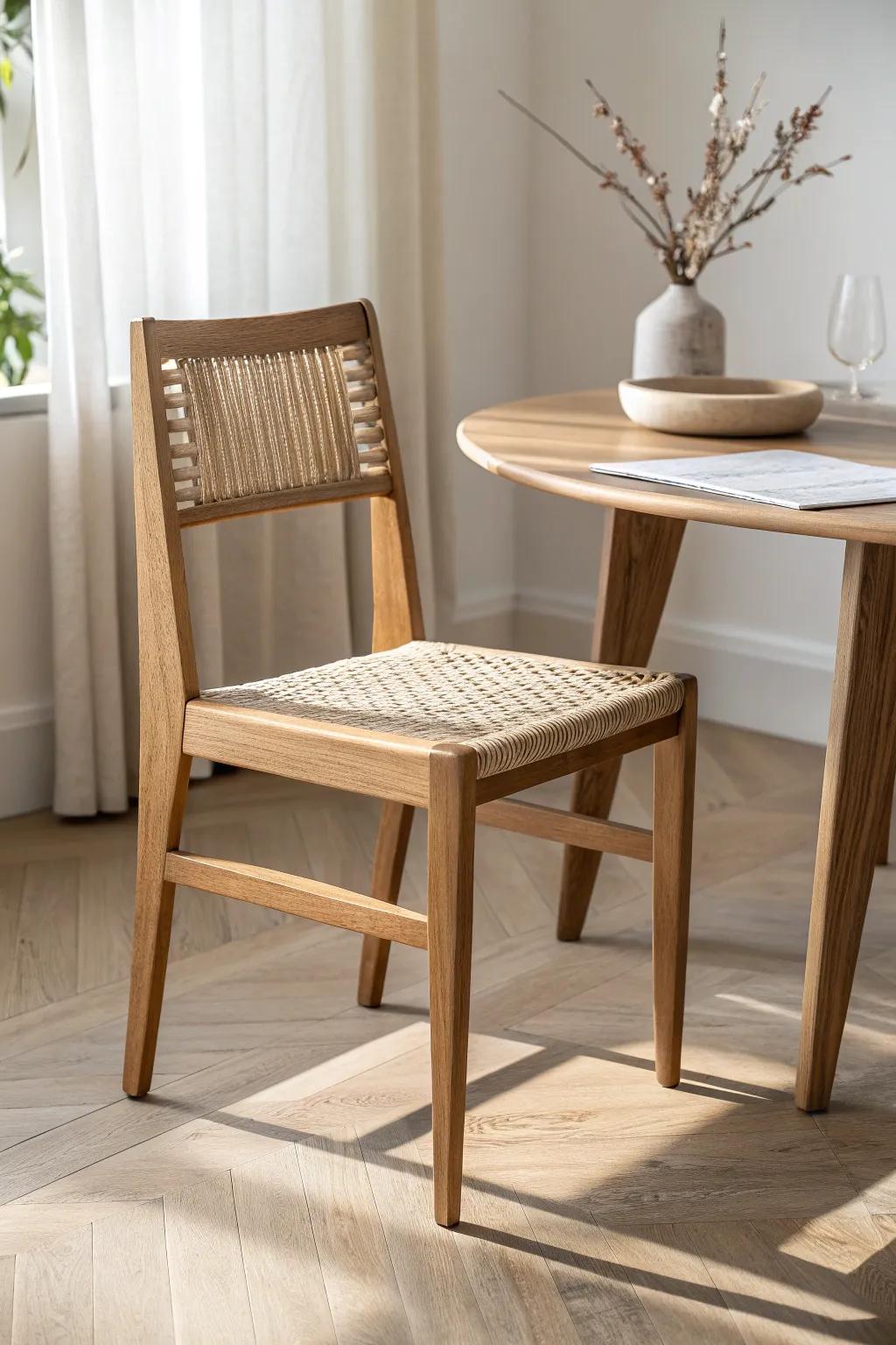 Airy woven seat + warm oak frame—an effortless way to mix textures in your dining set.