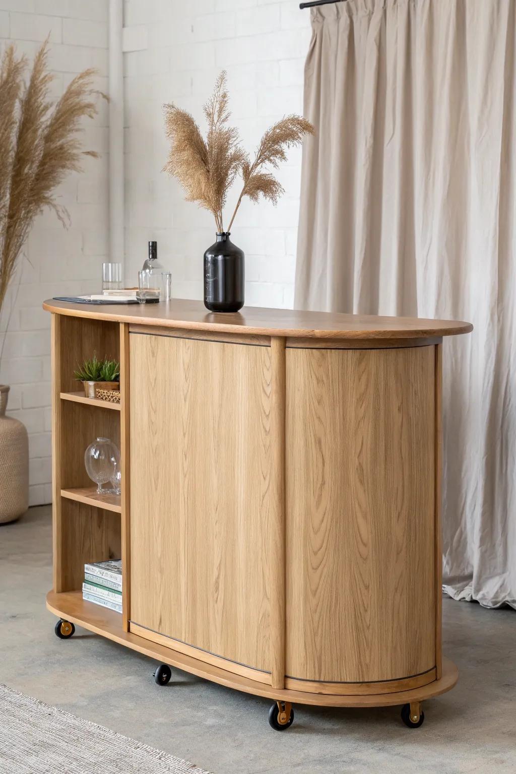 Curved modular bar section in light oak—locks together seamlessly and rolls anywhere.