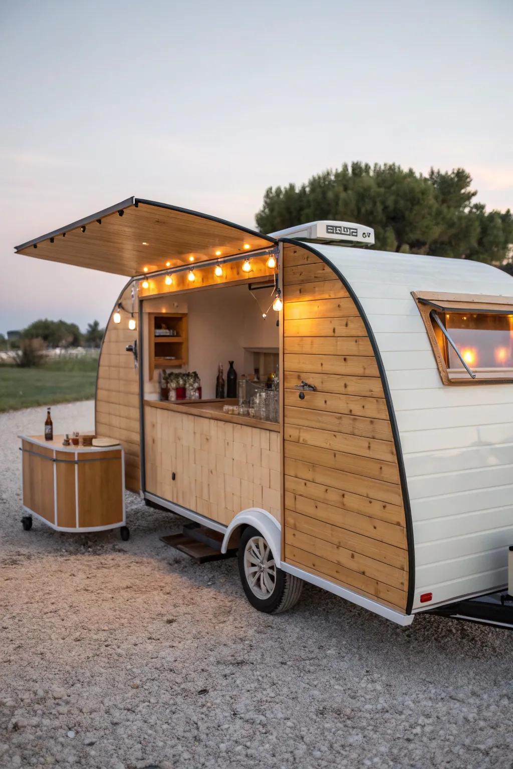 Teardrop camper cocktail bar: warm wood cladding, rounded counter edge, and hidden glow.