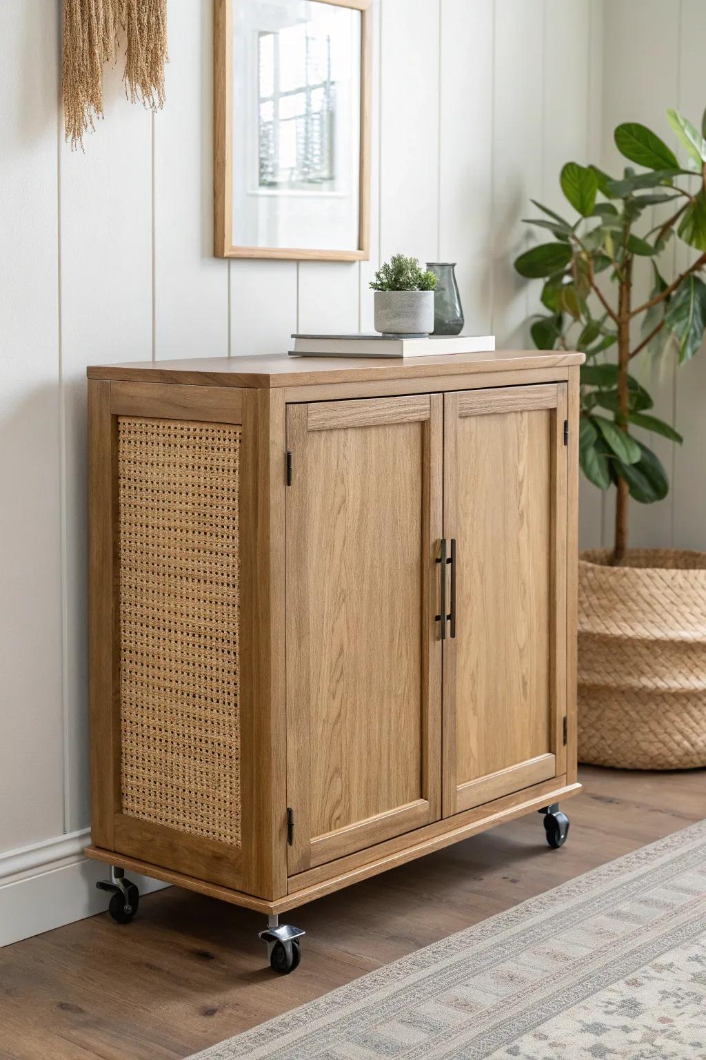 A sleek rolling oak bar cabinet with a butcher-block top and locking casters for easy hosting.