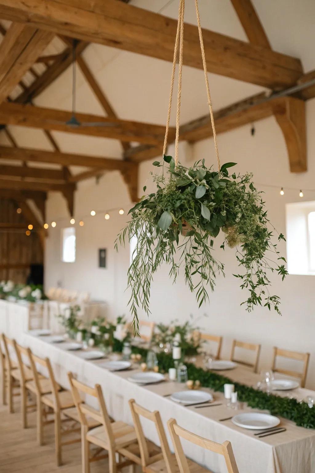 A floating greenery meadow—clean lines, soft light, and handcrafted barn romance overhead.