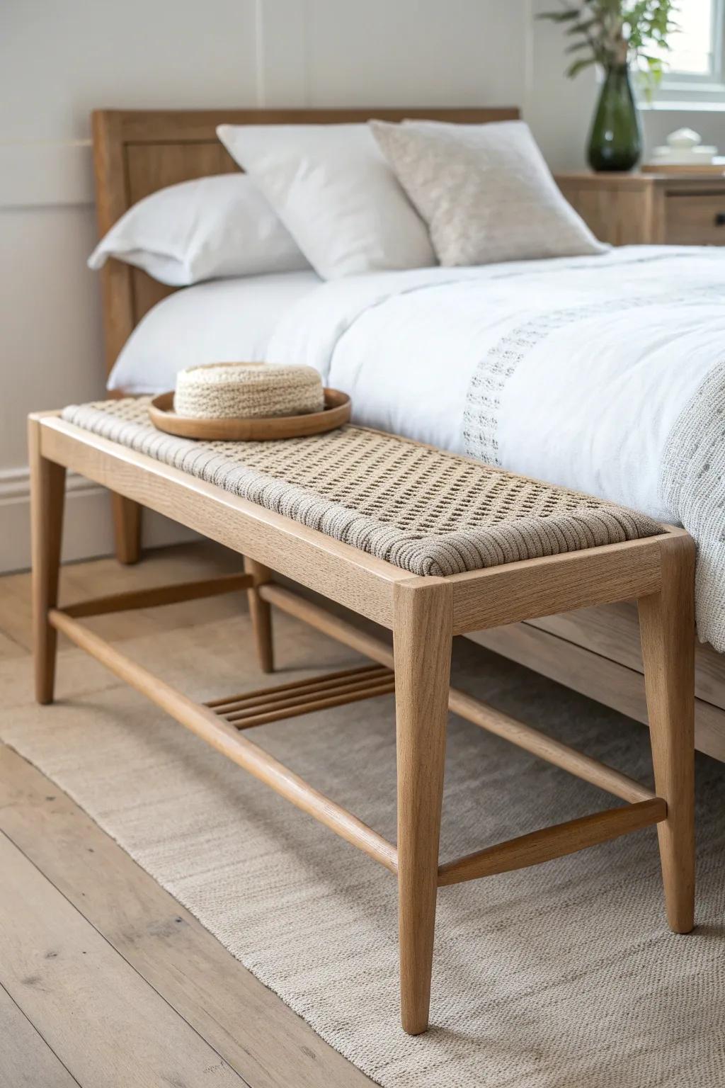 A sleek oak bench with a hidden cable channel—charge devices without messy cords at bed’s end.