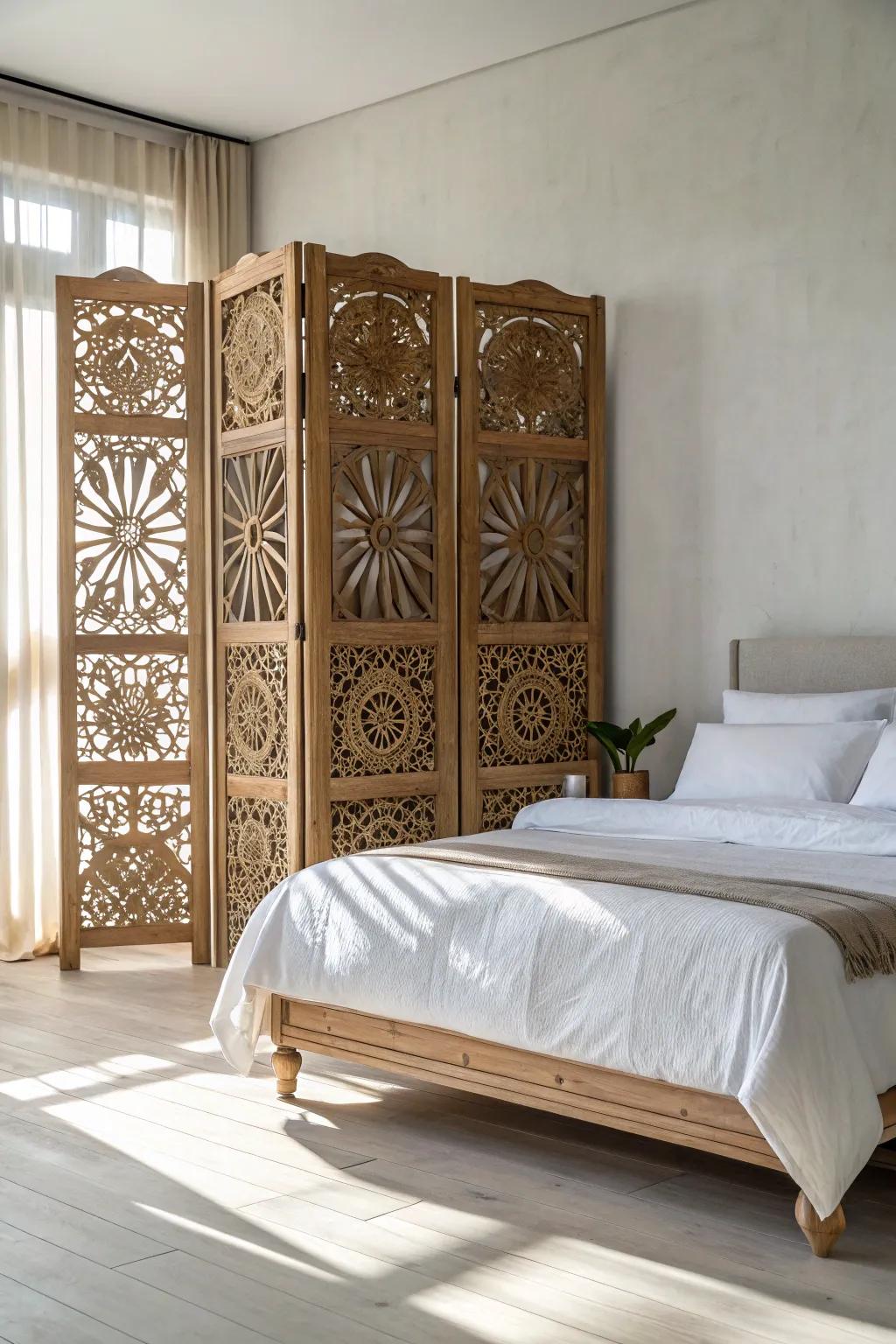 A carved wood screen headboard adds modern boho drama with clean Scandinavian calm.