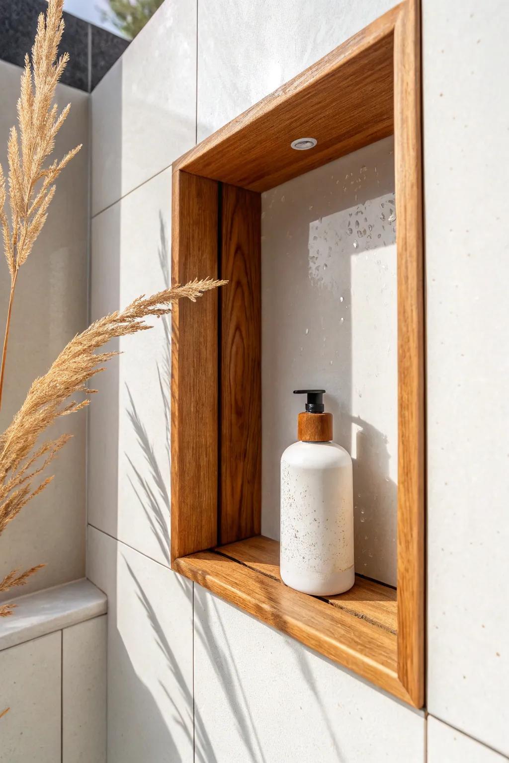 Cedar-trimmed shower niche: a warm, modern detail that feels custom and effortlessly calm.