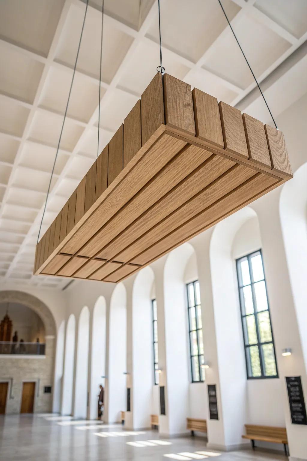 A single oak ceiling “cloud” softens echo and adds warm Scandinavian calm to the foyer.