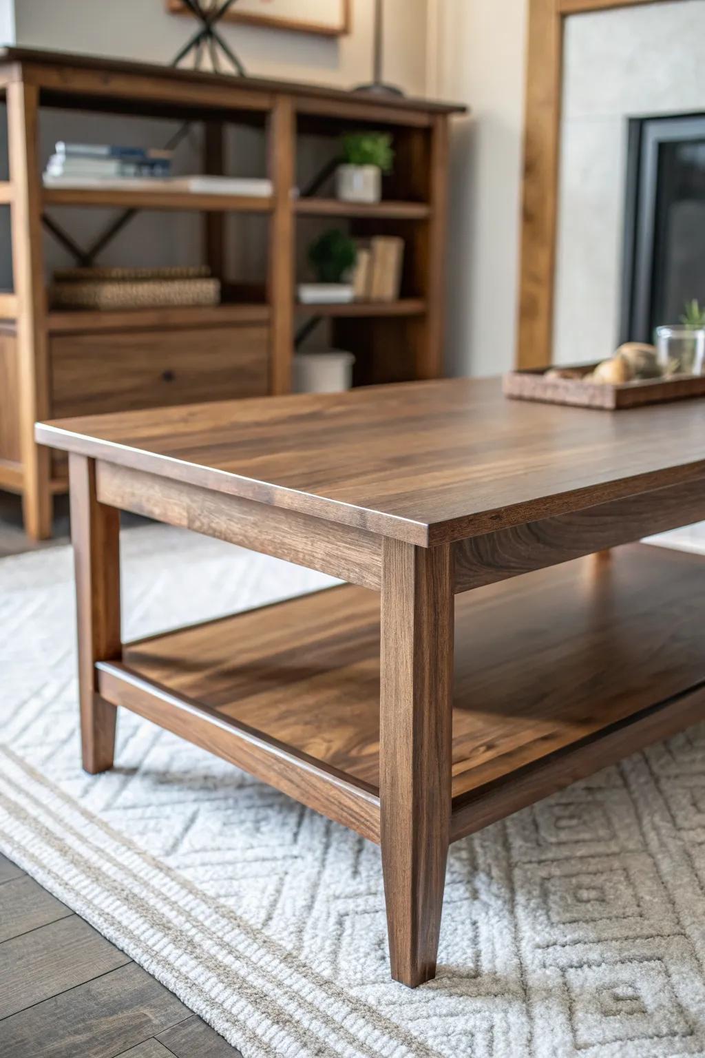Two wood tones, one timeless look: dark walnut table with soft light-oak accents.